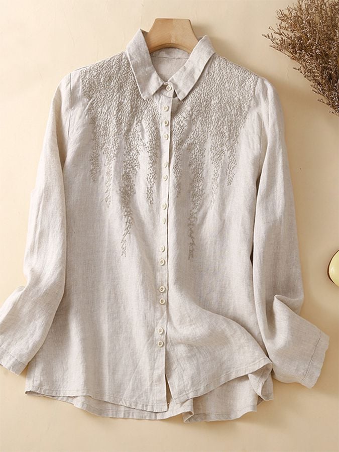 Solid Color Cotton And Linen Embroidery Loose All-Match Shirt