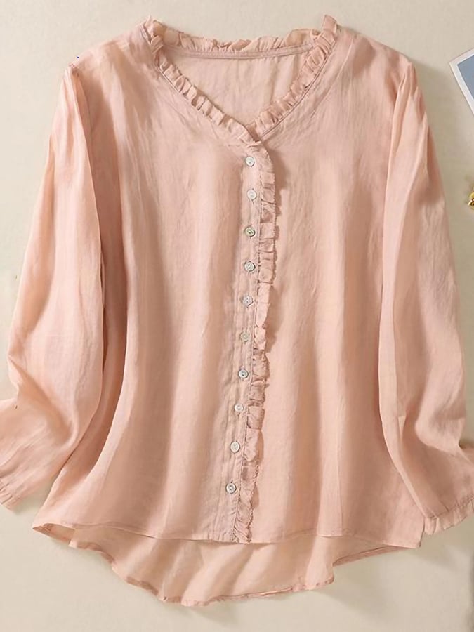 Cotton And Linen Side Of Fungus Long Sleeved V-neck Shirt