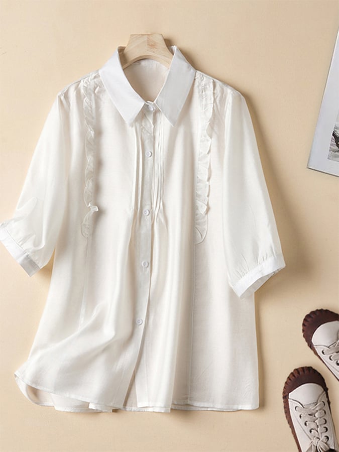Solid Color Cotton Linen Short Sleeve Lapel Shirt