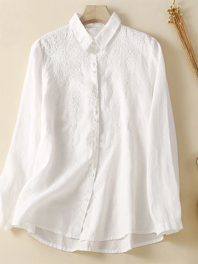 Solid Color Cotton And Linen Embroidery Loose All-Match Shirt