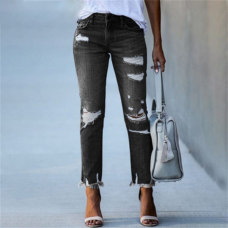Stretch Ripped Distressed Skinny Mid Waist Denim Pants