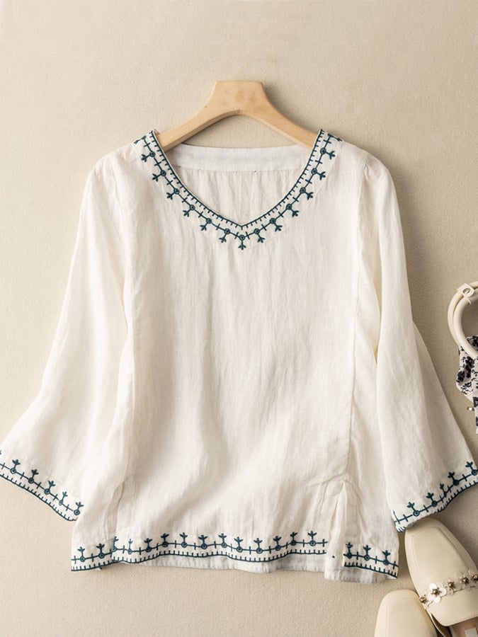 Fashion Embroidered V-Neck Cotton Shirt