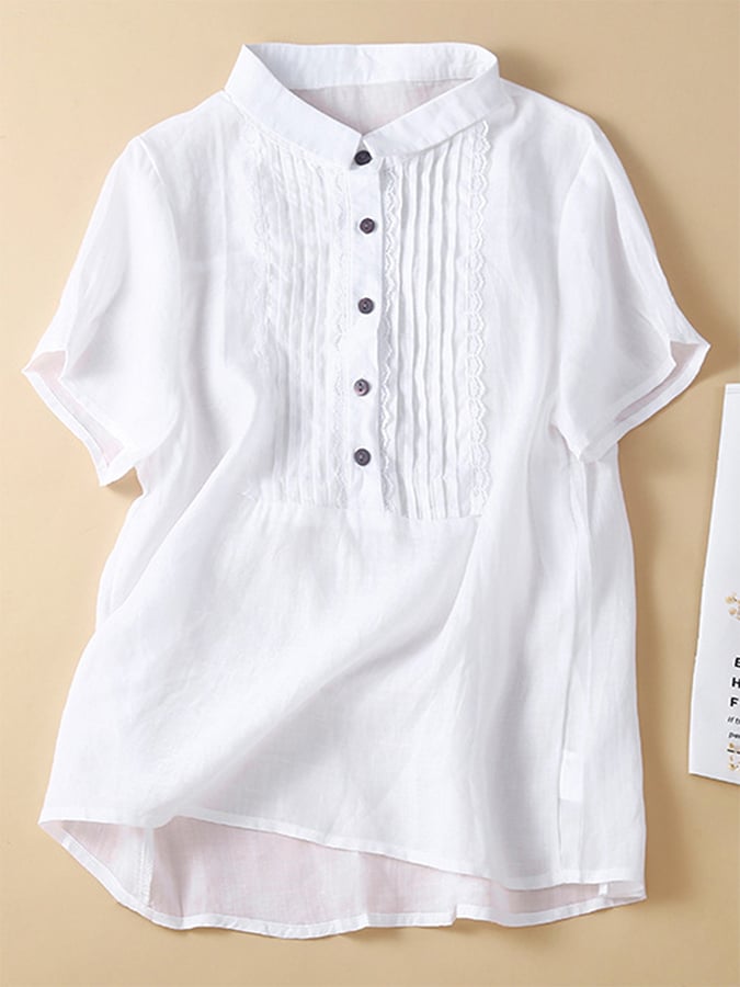 Solid Color Cotton Linen Lace Stitching Casual Shirt